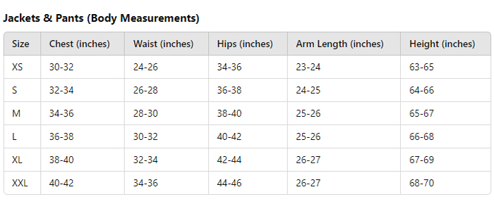 Mens Size Charts